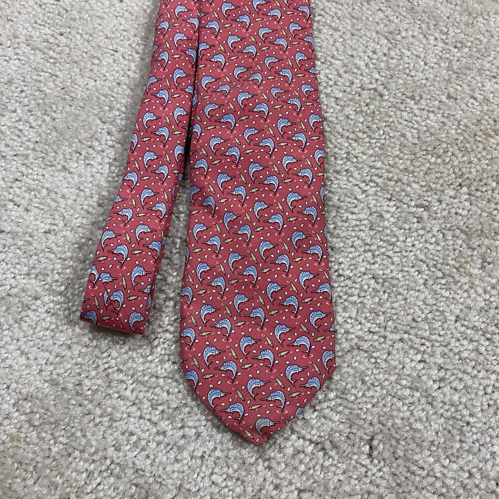 Vineyard Vines Necktie Mens Red Nautical Marlin Fish Silk USA AOP Preppy